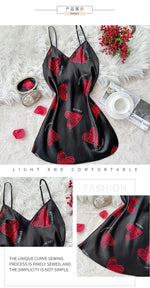 Valentine's Day Red Lip Print Satin Slip Straps Nightdress V Neck Backless Mini Sleep Dress Women's Nighties Sleepwear Dresses