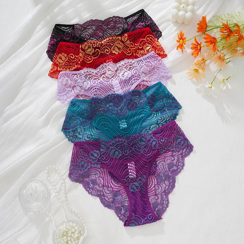 5pcs/pack Embroidery Floral Sexy Women Panties Breathable Comfort Sexy Lingerie Elegant Lady Briefs Multi Color Female Underwear