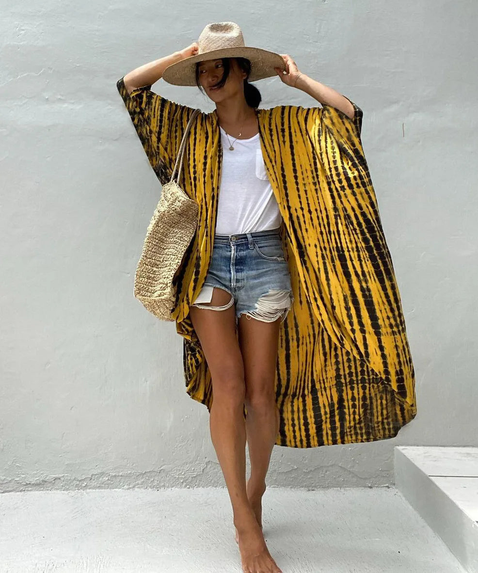 Beach Cover Ups for Swimwear Women Black Tie Dye Kimono Swimsuit Cape Summer Dress 2022 Beachwear Outfits Sales