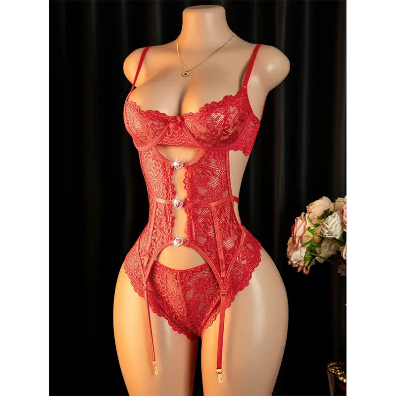Nighttime Transparent Open Bra Porn Lingerie Corset Deep V Sexy Crotchless Underwear Women Lace Hollow Bras Hot Teddy Bodysuit