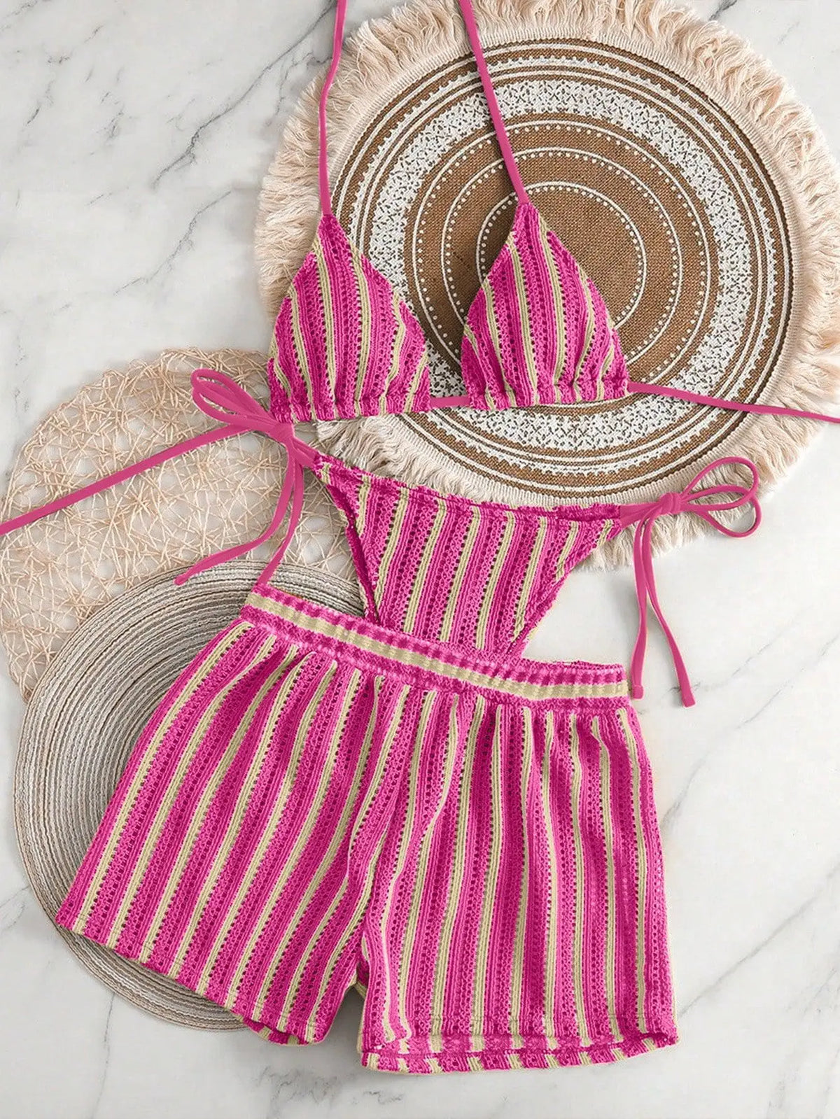 New Retro 3 Pieces Knitted Mesh String Bikini Set Swimsuit Women Blue Striped Swimwear with Shorts Beach Wear Boho Bathing Suit