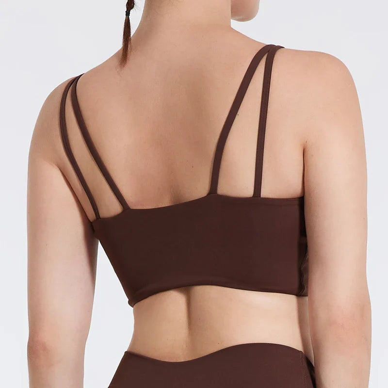 DIAS FIT JOY Women's Double Thin Shoulder Strap Yoga Vest with Chest Mat Sports Underwear V-neck Fitness Bra Yoga Back Beauty