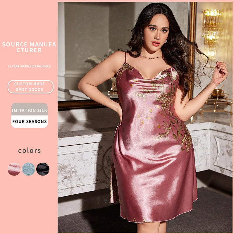Plus Size Ice Silk Suspender Skirt Spring and Summer Sexy Printed Simple Pajamas Women's Home Wear Pajamas Nightgown Sleepwear