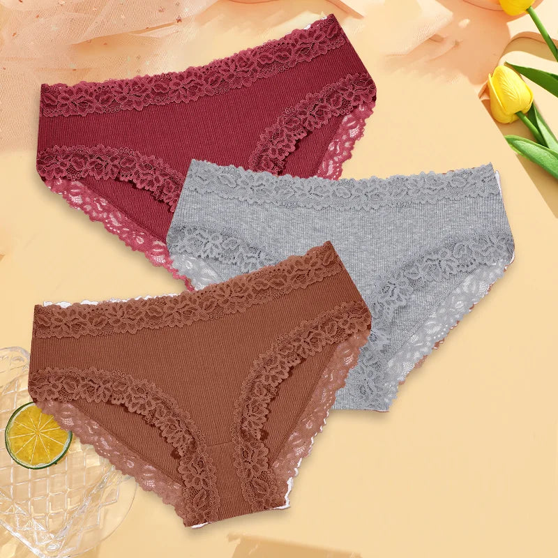 3Pcs Sexy Cotton Lace Panty Women Low Waist Panties Underwear S-XL Solid Color Ladies Briefs Lingere Underware Comfortable Women