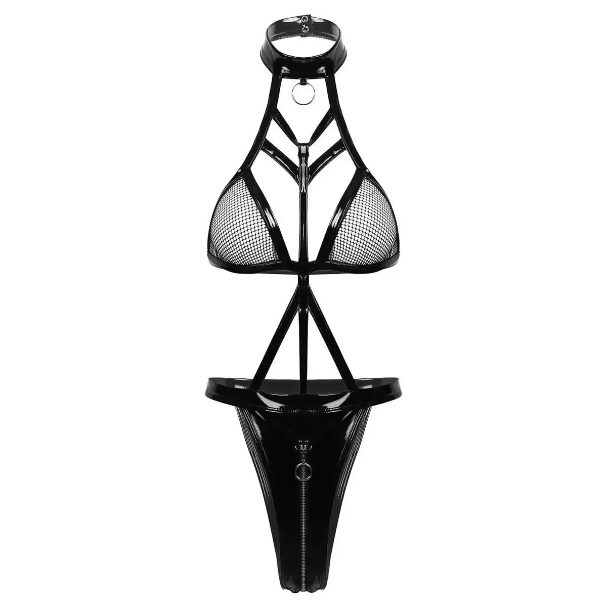 Plus Size Balck Bandage PU Latex Leather Mesh Bodysuit Exotic Teddies Zipper Crotch Catsuit 2XL Costumes Women Sexy Lingerie