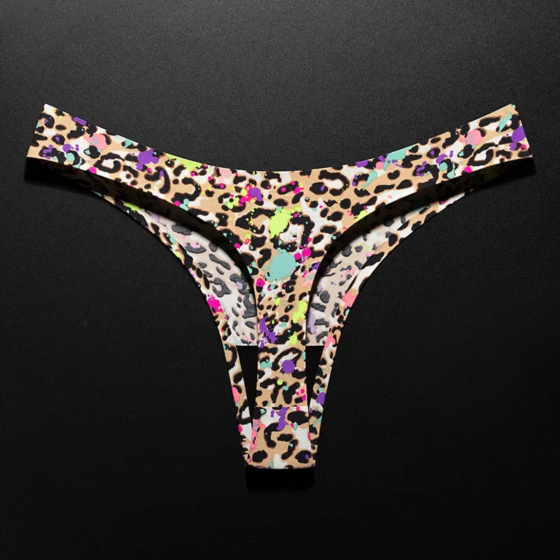 Ice Silk Leopard Women Panties Sexy G String Thong Seamless Underwear T Back Candy Color Girls Briefs Underpants Plus Size M-XXL