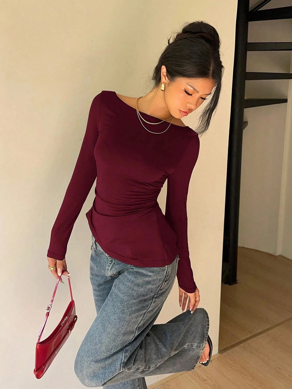 Women's Elegant Lace Patchwork Bow Decorate Long Sleeve T-Shirt Casual Asymmetry Hem Slim Fit Boat Collar Pleating Tops 2026