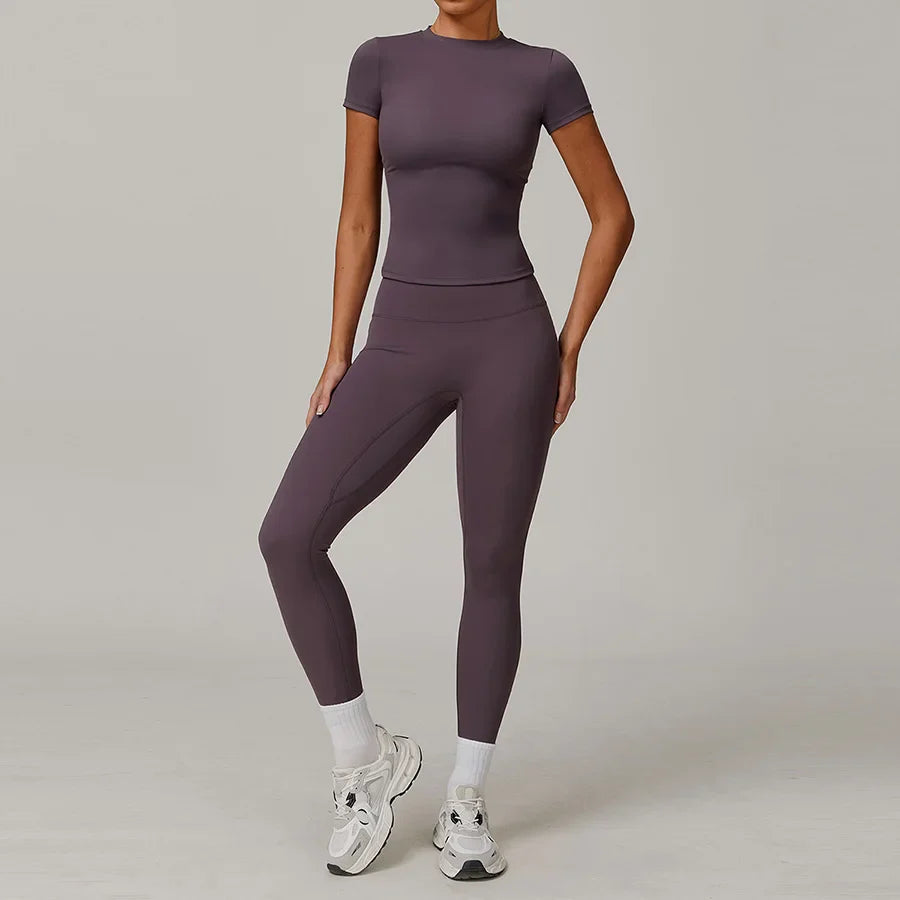 New Yoga Set Two Piece Women Short Sleeve Top with High Waist Leggings Seamless Workout Clothes Patchwork Sport Fitness Gym Sets
