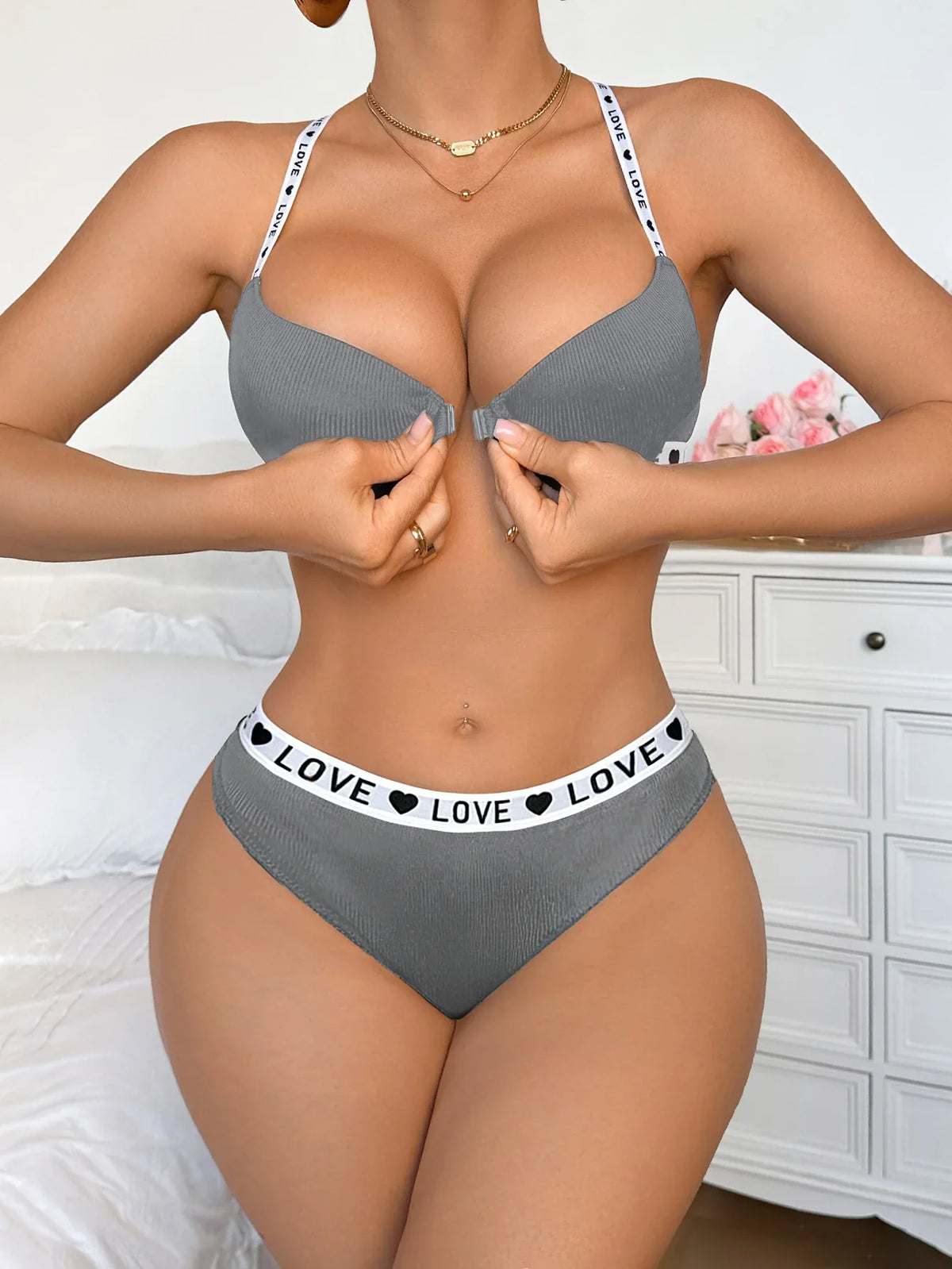 New Ribbed Women's Underwear Set Letter Strap Underwear Front-Clasp Push-Up Bra Comfy Daily Female Bra Set