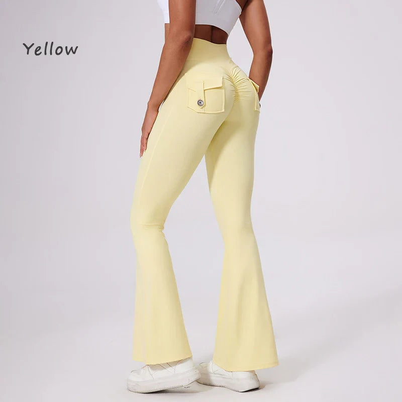 DIAS FIT JOY Women's pocket bell bottoms yoga high waisted hip lifting fitness pants quick drying running exercise fitness gym