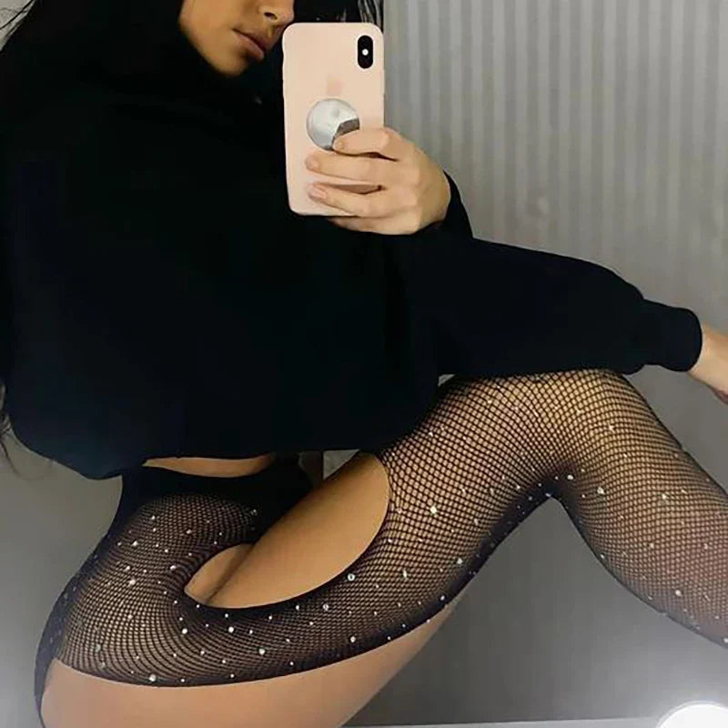 Summer Shiny Hollow Out Transparent Fishnet Pantyhose Charming Women Underwear Glitter Bright Tights Crotchless Gothic Stockings