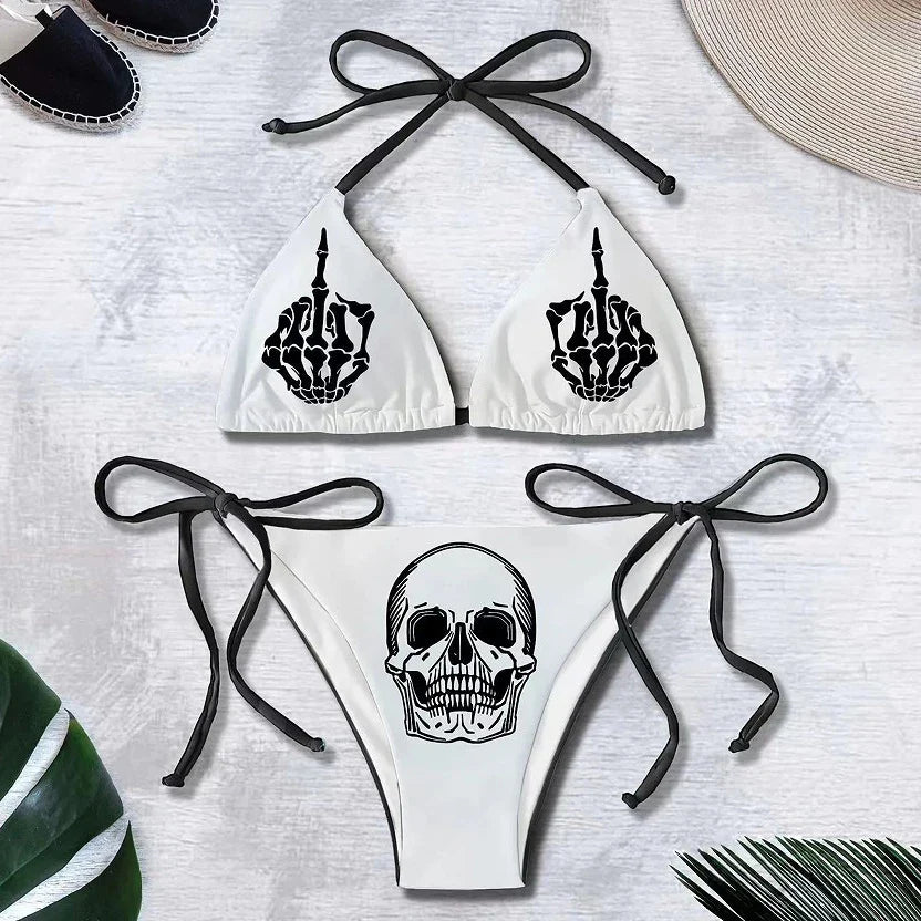 Gothic Bikini 2025 Women Punk Skull Print Bra Triangle Bottoms Swimsuit Split Bathing Suit Underwear Y2K Bikinis Swimwear