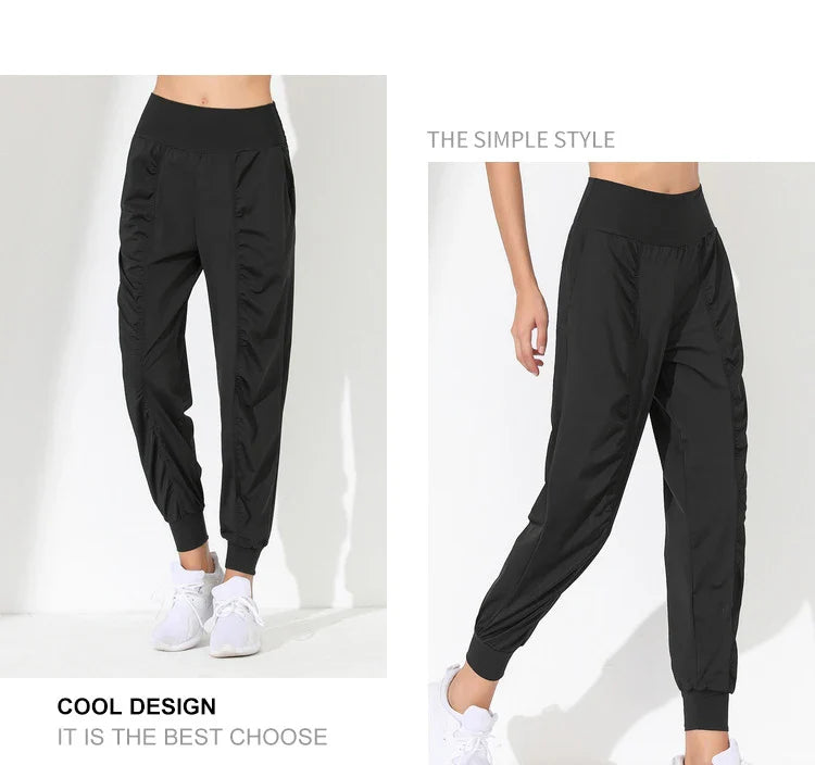 Hearuisavy Yoga Pants Loose Slim Quick-Dry Yoga Pants Pleated Hem Bound Running Fitness Capris Pockets Jogging Pants Woman