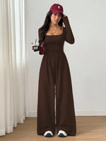 Women's Casual Solid Color Square Neck Long Sleeve A-Line Jumpsuit Pleating Wide Leg Loose Mopping Jumpsuit Spring/Fall 2026