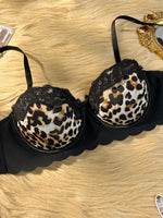 Sexy hot Lace trim spliced with leopard print bra Underwire Support & Wavy Scalloped Edge Push up bra Women's bra
