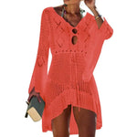 Sexy Women’s Bathing Suit Beach Cover Up Hollow Out Knitted Women Flared Sleeves Solid Color Beach Dress saida de praia