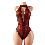 Summer Women Red Crotchless Lingerie Halter Lace Hollow Backless Bodysuit Erotic Costumes Transparent Deep V Sexy Underwear Sets