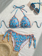 Cute Orange Floral Print Bikini Set Women Halter Ruffles Push Up Tie Side Thong Swimsuit 2026 Summer Bathing Suit Micro Swimwear