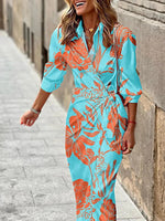 Women Elegant Printed Slim Fit Party Dress Turn Down Collar Ladies Casual Maxi Dress Summer Long Sleeve A Line Dresses Vestidos