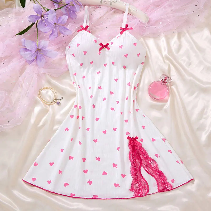 Women's Sleepwear Underwear Rose Lace Bow & Heart PrintSleep Dress Sexy Pijamas SetV NeckPajamas Mini Nightgowns Hot Dress