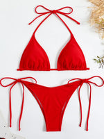 Sexy Brown Bikini 2026 Women Solid Red Halter Push Up Bra Tie Side Triangle Swimsuit Summer Bathing Suit Lace Up Micro Swimwear