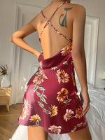 Sexy Short Backless Home Nightgown Solid Color Women's Robes V-neck Cross Suspender Skirt Simulated Silk Thin Dress for Women
