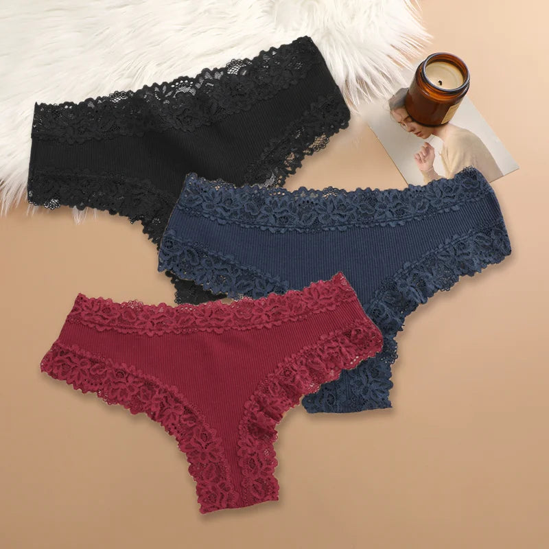 3Pcs Sexy Women Cotton Brazilian Pants Lace Brazilian Briefs Low Waist Floral Solid Color G-string Breathable Soft Lingerie
