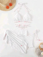 Mesh Skirt Pleated Bikini Set Women Blue White Floral Designer Criss Cross Swimsuit 3 Piece Bathing Suit Cover Up Swimwear 2024