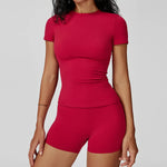 New Yoga Set Two Piece Women Short Sleeve Top with High Waist Leggings Seamless Workout Clothes Patchwork Sport Fitness Gym Sets