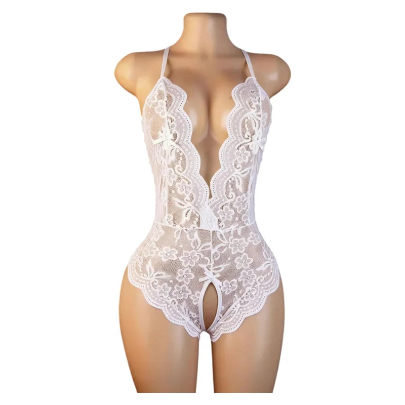 Transparent Sexy Crotchless Bra Set Lingerie Women Lace Hollow Bra Costumes Deep V Open Bra Underwea Erotic Backlesshot Bodysuit