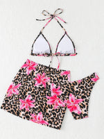 New Leopard 3 Pieces Push Up Bandeau Bikini Set Swimsuit Women Swimwear with Mesh Beach Sarong Skirts Floral Print Bathing Suit