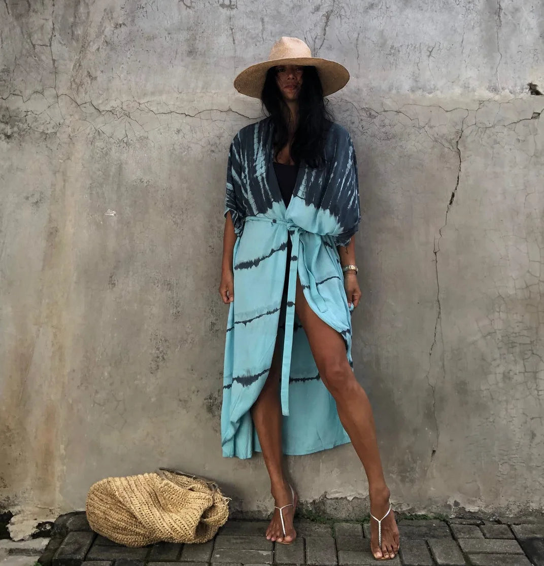 Beach Cover Ups for Swimwear Women Black Tie Dye Kimono Swimsuit Cape Summer Dress 2022 Beachwear Outfits Sales