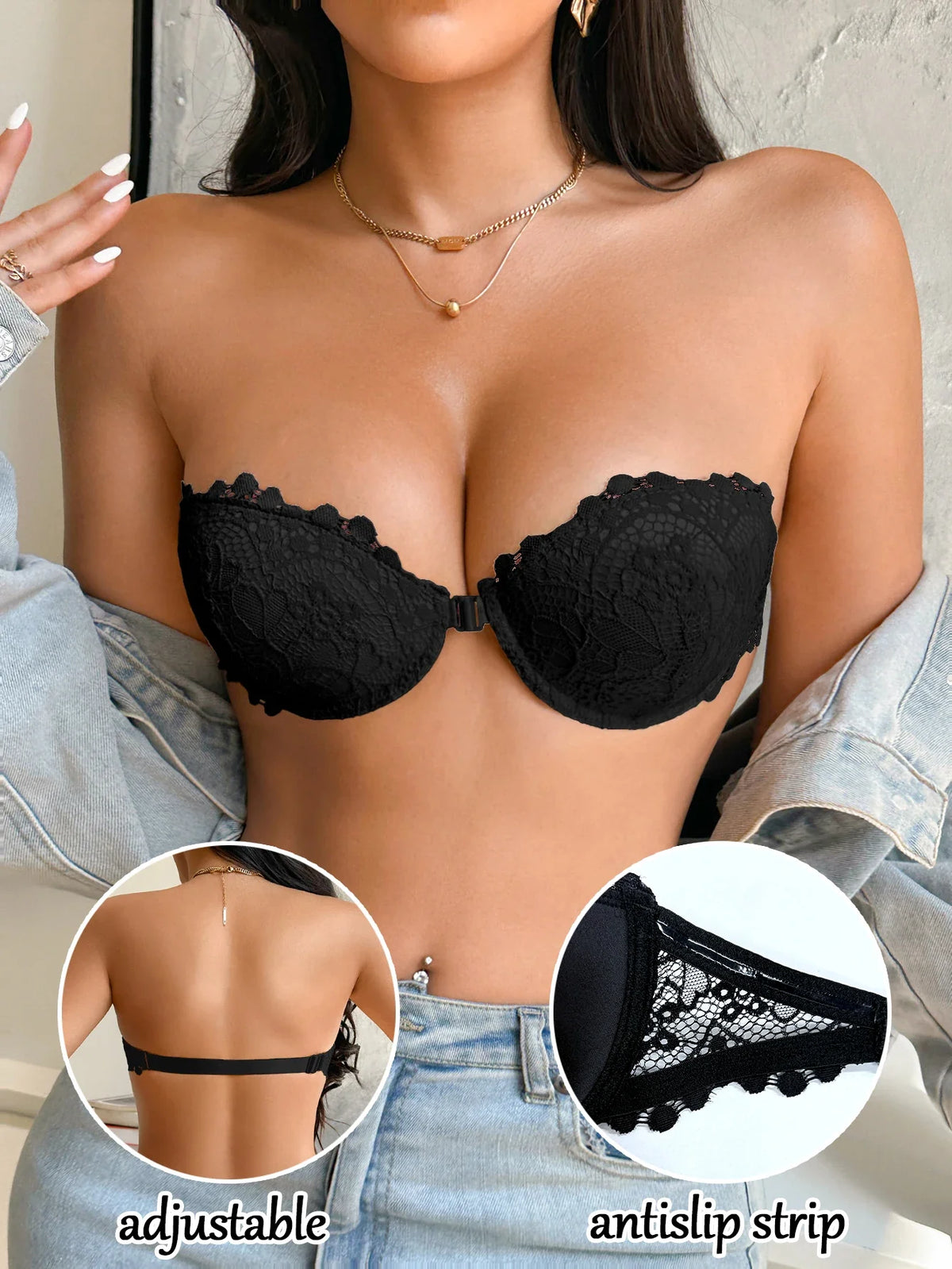 Lace Strapless Women Bra Sexy Front Clasp Push Up Bra Invisible Non-Slip Fashion Lace Bra Women