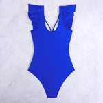 2026 Solid Women's Swimsuit Trend Tummy Control V Neck Sexy Black Bikini Ruched Bathing Suits Slim Fit Ruffle Sleeve Swimwear