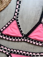 Sexy Black Patchwork Hand Crochet Bikini Set Women 2026 V Neck Push Up Bra Thong Swimsuit Beach Bathing Suit Knitted Swimwear