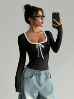Women's Sexy U-Neck Bowknot Color Block Long Sleeve Bodysuit Casual Slim Fit Rib-knit Bodycon Spring/Fall Streetwear