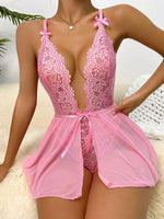 Sensual Lace Hollow BodysuitSexy Crotchless Lingerie Thong Women Erotic Pajamas Teddy Babydoll Dress Deep V Open Bra Porn Set