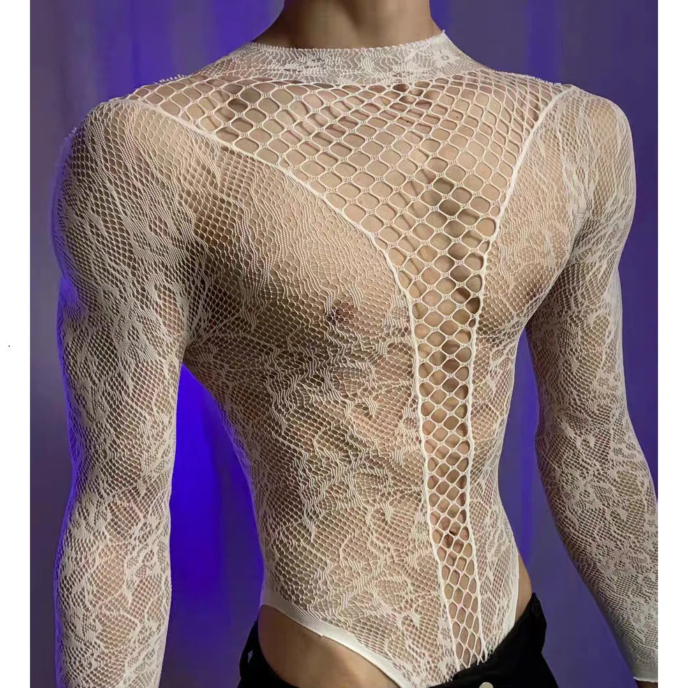 New American Style Fashion Men Vests Tops Crew Neck Sexy HollowMesh Bodysuit CasualLong Sleeve Tank Clubwear Party Costume
