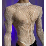 New American Style Fashion Men Vests Tops Crew Neck Sexy HollowMesh Bodysuit CasualLong Sleeve Tank Clubwear Party Costume