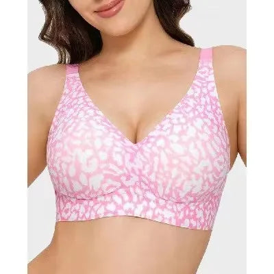 Leopard Print Deep V Seamless Wire-free Everyday Bra Comfortable and Breathable Full Cup Support Pink Leopard Print Bra Sostén