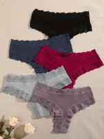 5Pcs Women Cotton Brazilian Pants Sexy Lace Brazilian Briefs Low Waist Floral Solid Color G-string Breathable Soft Lingerie