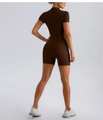 Yoga Jumpsuit Fashion Zipper Dance Short Playsuit Women Romper Short Sleeve Gym Fitness Overalls One Piece Sports Suit Unitard