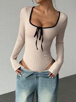 Women's Sexy U-Neck Bowknot Color Block Long Sleeve Bodysuit Casual Slim Fit Rib-knit Bodycon Spring/Fall Streetwear
