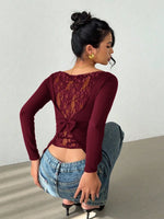 Women's Elegant Lace Patchwork Bow Decorate Long Sleeve T-Shirt Casual Asymmetry Hem Slim Fit Boat Collar Pleating Tops 2026