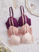 3Pcs Floral Lace Women's Underwear Set Daily Push-Up Bra Rhinestone Breathable Mesh Bra for Women