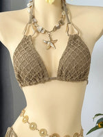 Vintage Beige Black Mesh Skirt 3 Piece Bikini Set 2026 Women Metal Chain Strap Push Up Bra Swimsuit Beach Bathing Suit Swimwear