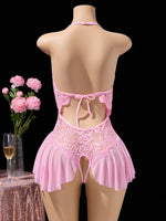 Pink Sexy Lingerie Women Hollow Open BodysuitAdult Apparel Teddy Crotchless Erotic Underwear One Piece V-neck Hot Lace Pajamas
