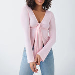 Women's Spring Summer Slimming Crop Tops Long Sleeve V Neck Tie Up Solid Color Trendy T-shirt