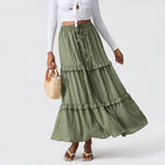 Elegant Women Long Tiered Skirt Summer Autumn Casual Ruffled Shirred Frill Trim Elastic Waist Drawstring A-Line Skirt Streetwear