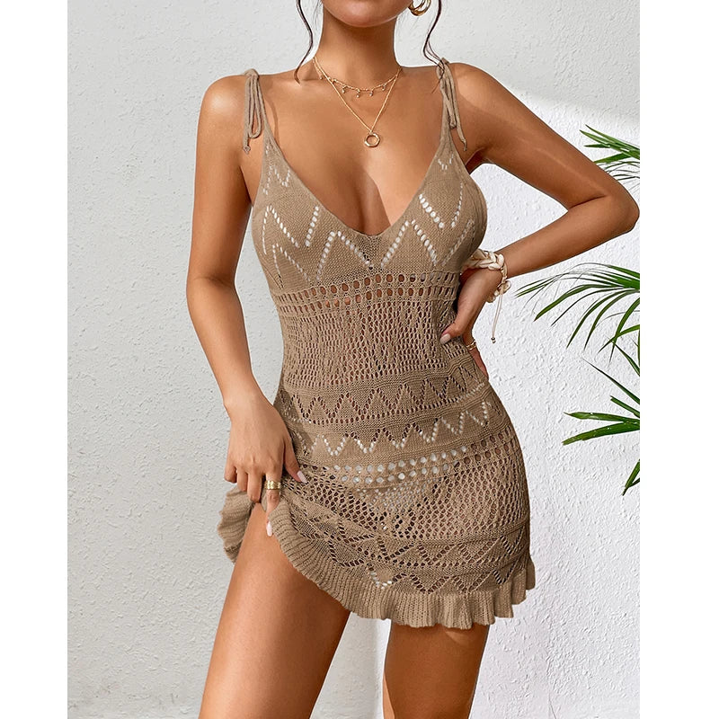 Halter Dress Clothes Women Summer Solid Color Sleeveless Knitted Cover Up BacklessStylish Beach Dresses